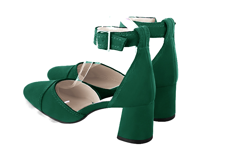 Emerald green women's open side shoes, with a strap around the ankle. Round toe. Medium flare heels. Rear view - Florence KOOIJMAN